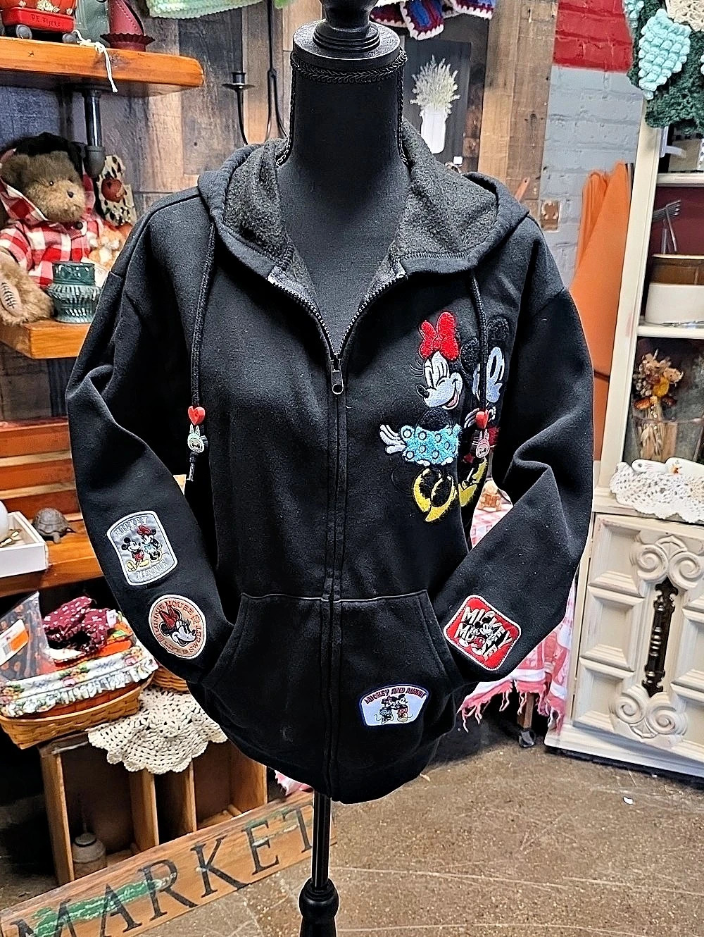 Disney Mickey Mouse Patch  Graphic Zip Hoodie Black Medium Gently Pre-owned